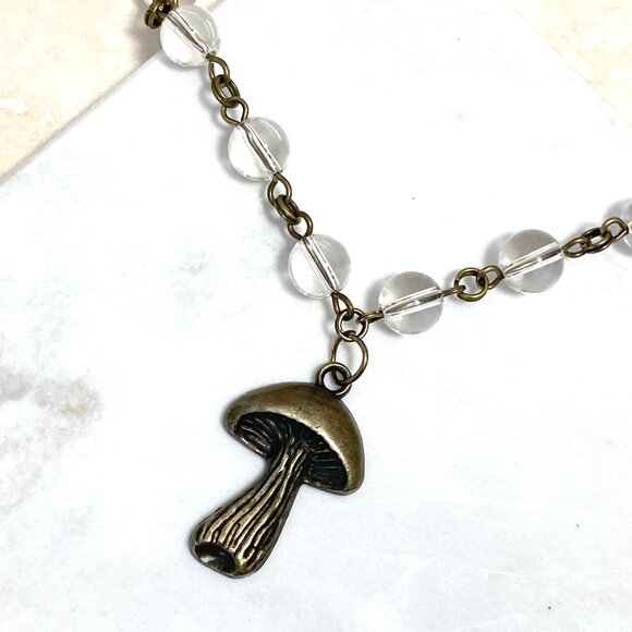 Genuine Clear Quartz Short Necklace, Bronze Slim Mushroom + Natural Gemstone - Picture 4 of 16